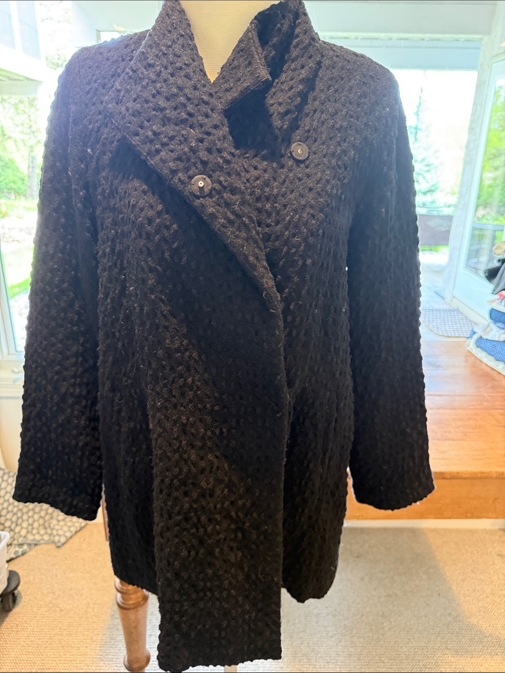 Eileen Fisher Black Textured Pea Coat